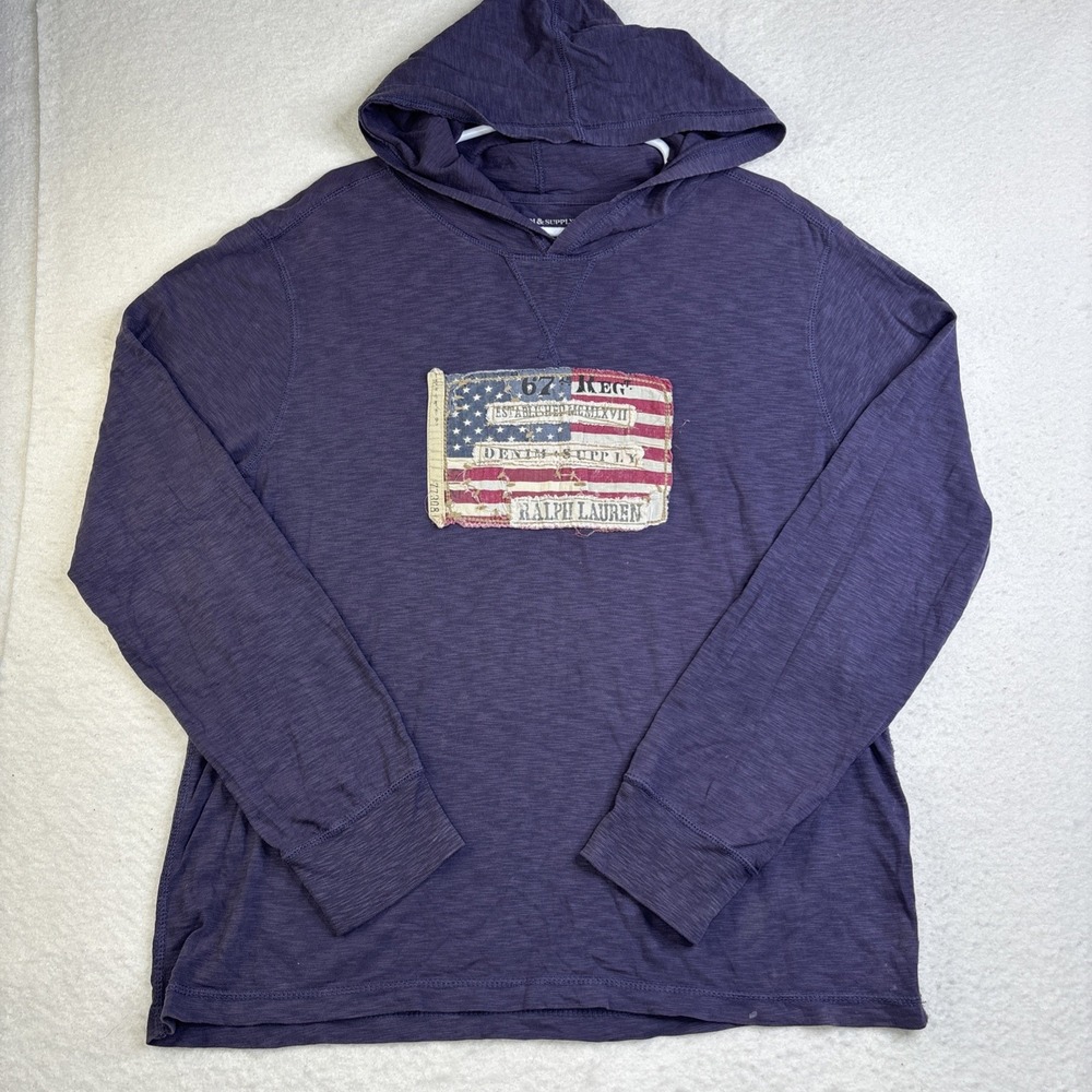 Denim & Supply Ralph Lauren Mens Americana Flag Purple Hoodie Distressed  XL